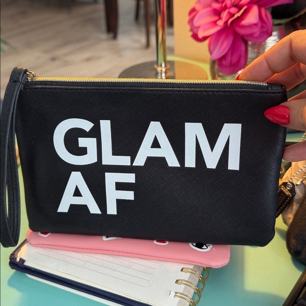 Black 'GLAM AF' Clutch with Pink Sticker Pouch Ipsy cosmetic wristlet pouches - Picture 4 of 6